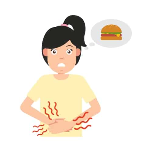 Graphic of a woman holding her stomach and thinking about a cheeseburger