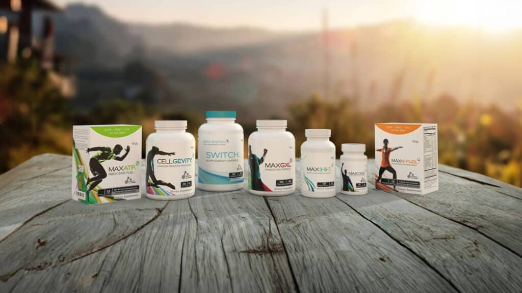 Image of Max products on a table at sunrise